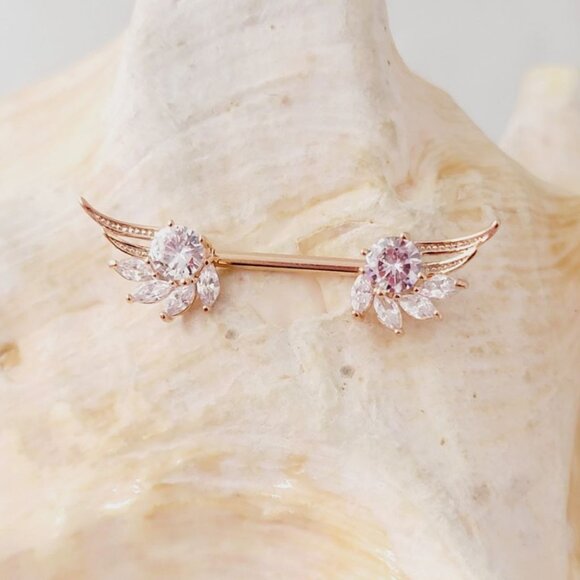 Pair of 14G wing ends nipple bars rose gold plated stainless steel - Picture 2 of 2